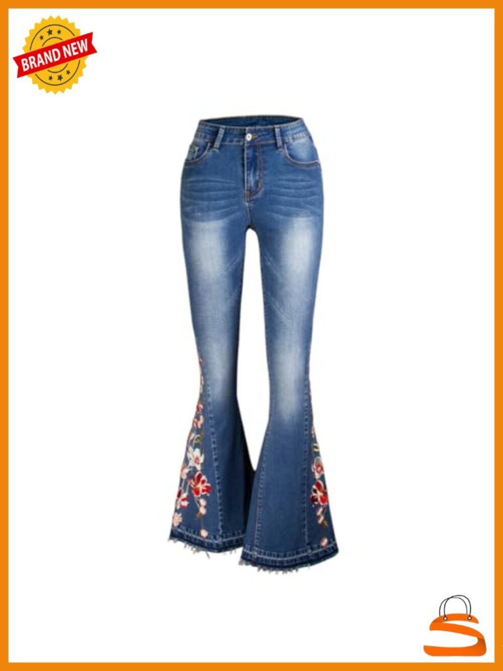 Wide-Leg Floral Embroidered Bell Bottom Flare Denim Jeans